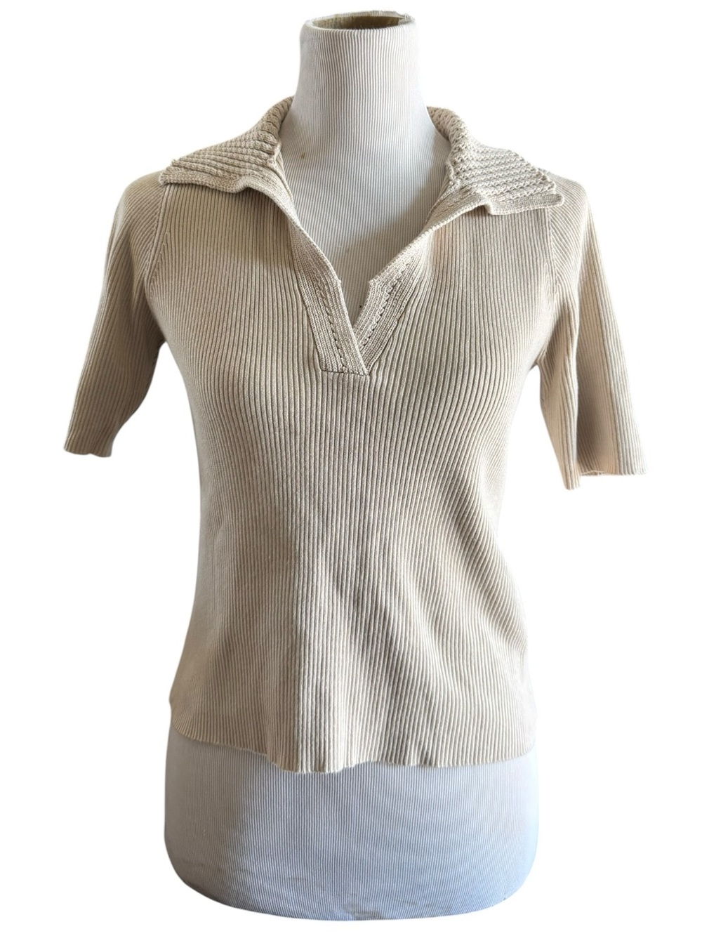 Halston Heritage Beige Ribbed Polo Short Sleeve Top Size M